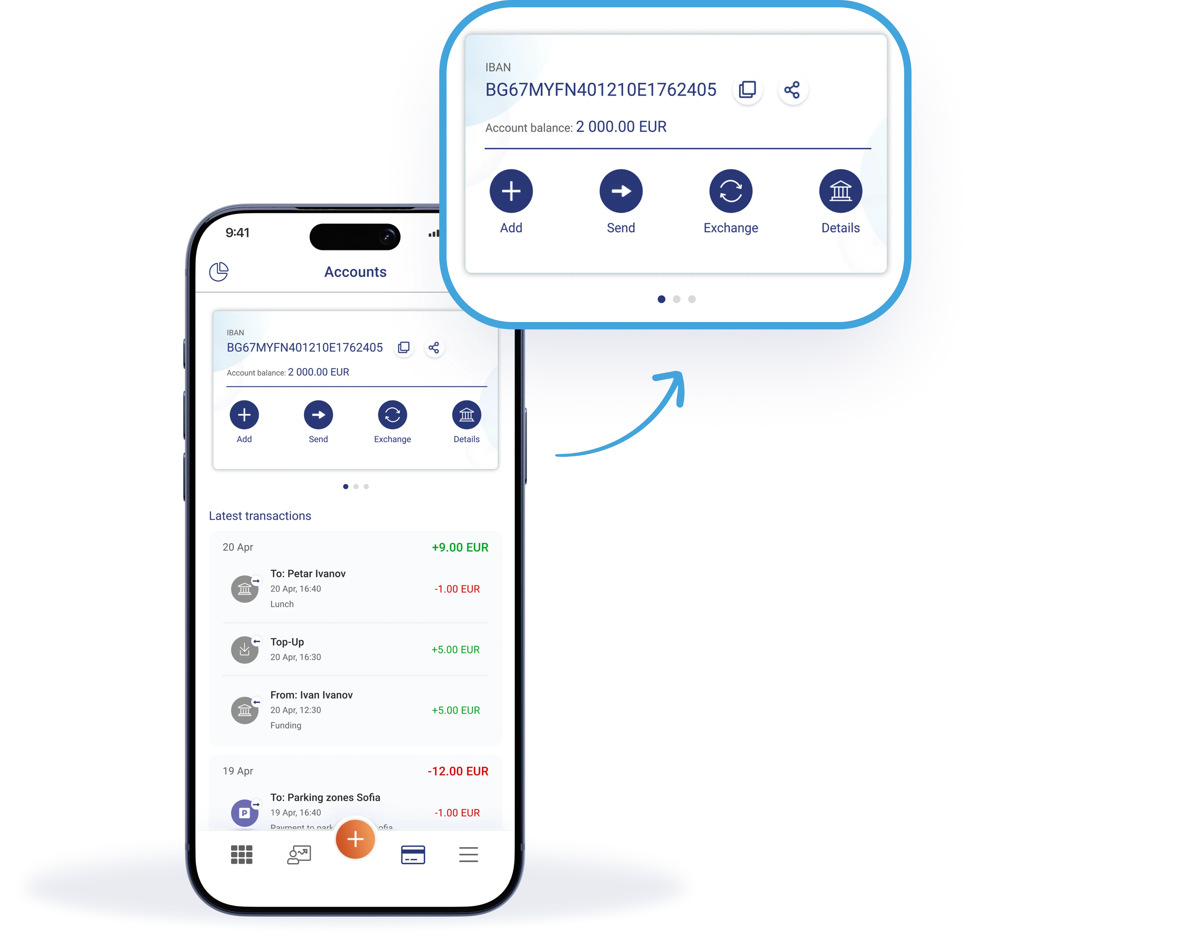 MyFin accounts screen showing personal and exchange accounts