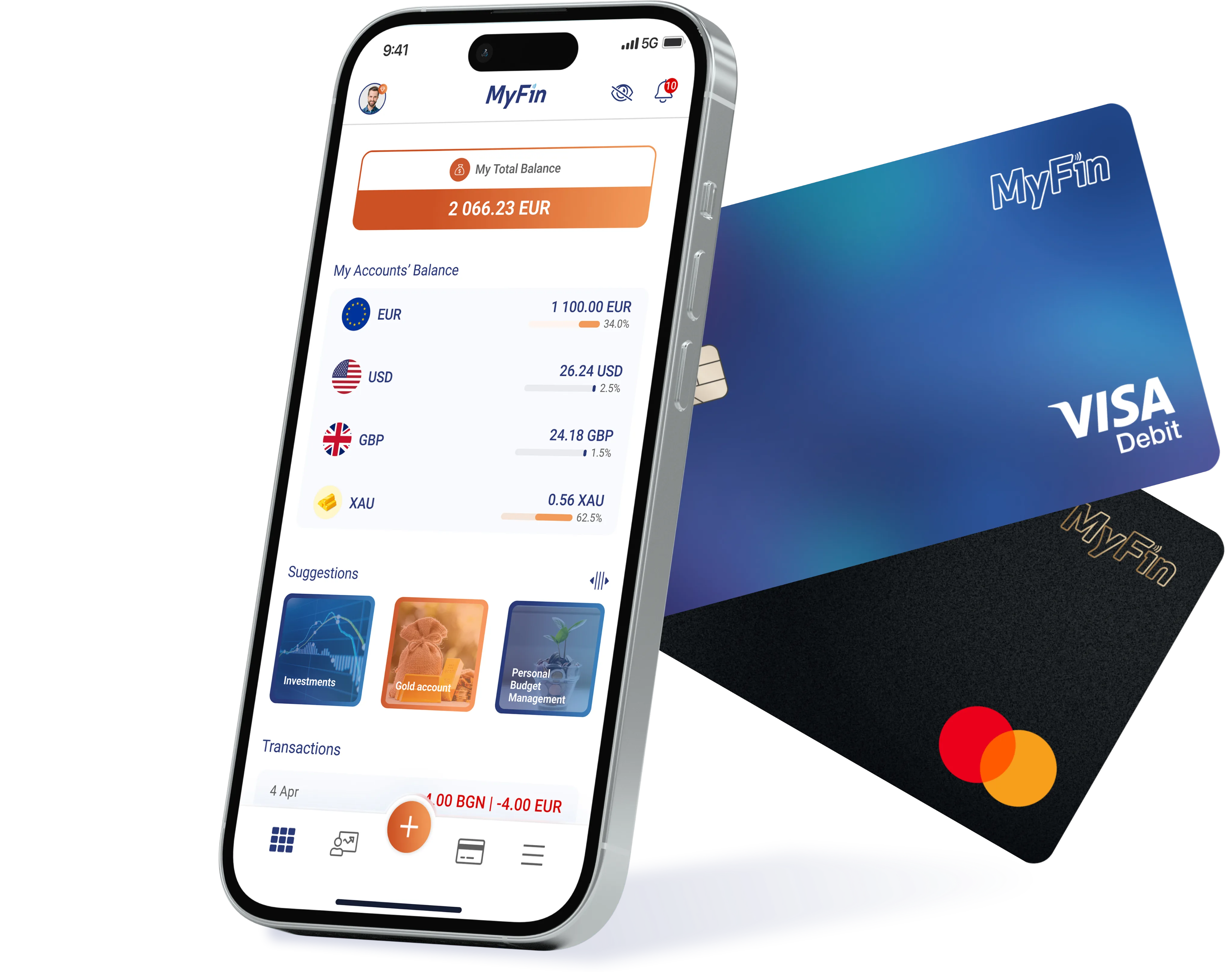 MyFin App dashboard with MyFin Visa and Mastercard cards
